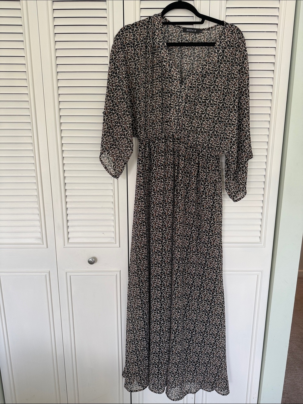 Moda Black Printed Maxi Dress with brown and cream branch and leaf motif